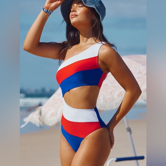 Red White & Blue Asymmetrical Cutout One-Piece - Picture 1 of 2